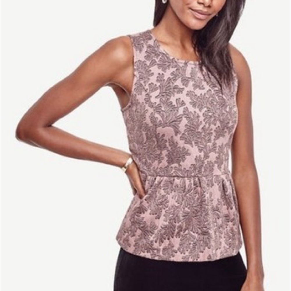 Ann Taylor sleeveless shimmer leaf jacquard peplum top pink
